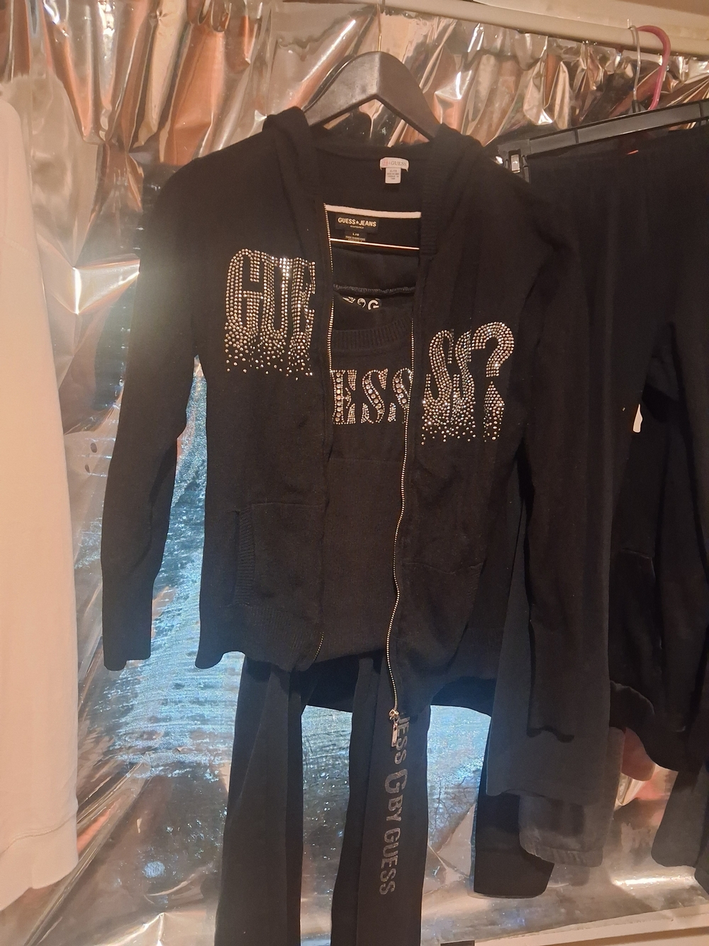 Guess Black Rhinestone 3 Piece Tracksuit Set